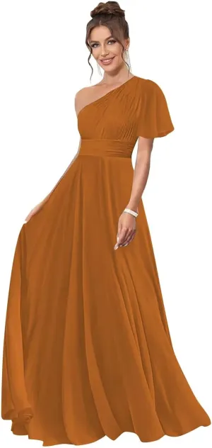 One Shoulder Bridesmaid Dresses for Women Long Short Sleeve Pleated Chiffon Formal Evening Gowns