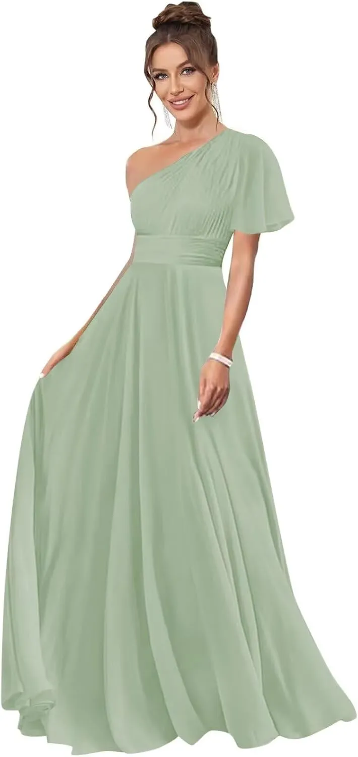 One Shoulder Bridesmaid Dresses for Women Long Short Sleeve Pleated Chiffon Formal Evening Gowns