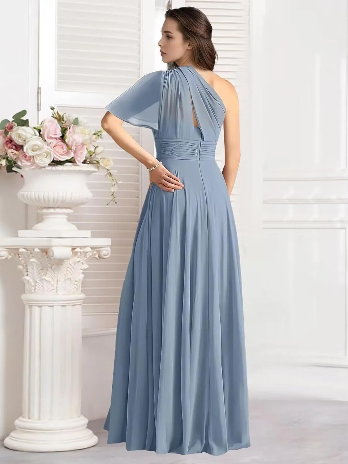 One Shoulder Bridesmaid Dresses for Women Long Short Sleeve Pleated Chiffon Formal Evening Gowns