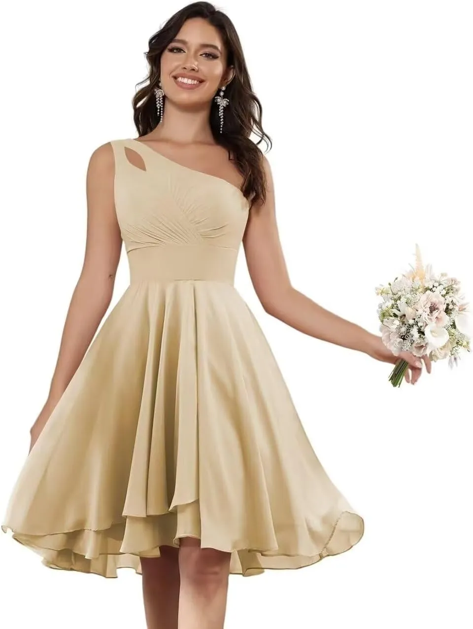 One Shoulder Short Bridesmaid Dresses for Wedding Chiffon A-line Formal Party Dress with Pockets