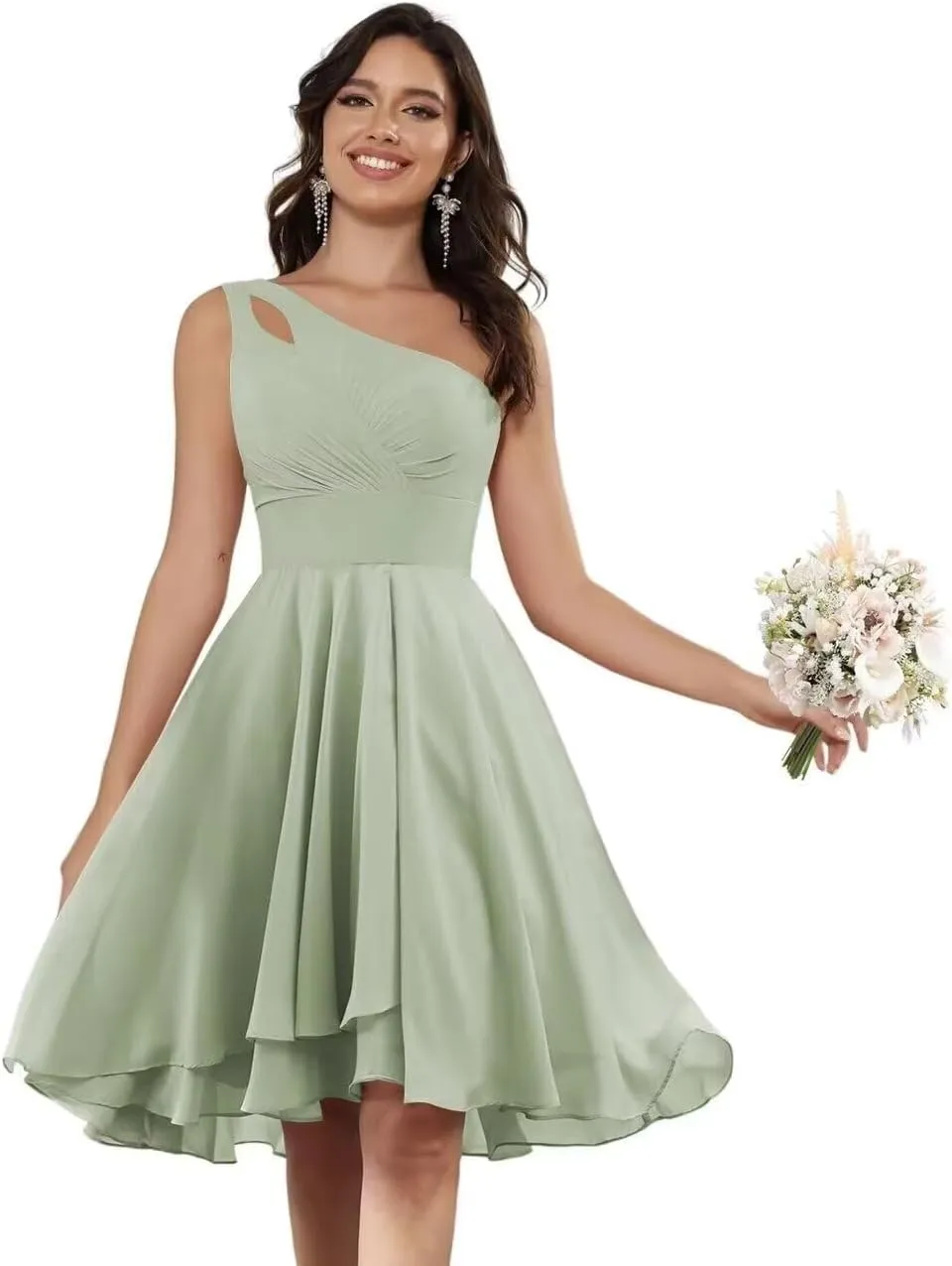 One Shoulder Short Bridesmaid Dresses for Wedding Chiffon A-line Formal Party Dress with Pockets