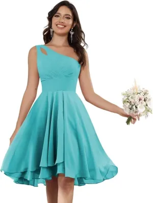 One Shoulder Short Bridesmaid Dresses for Wedding Chiffon A-line Formal Party Dress with Pockets