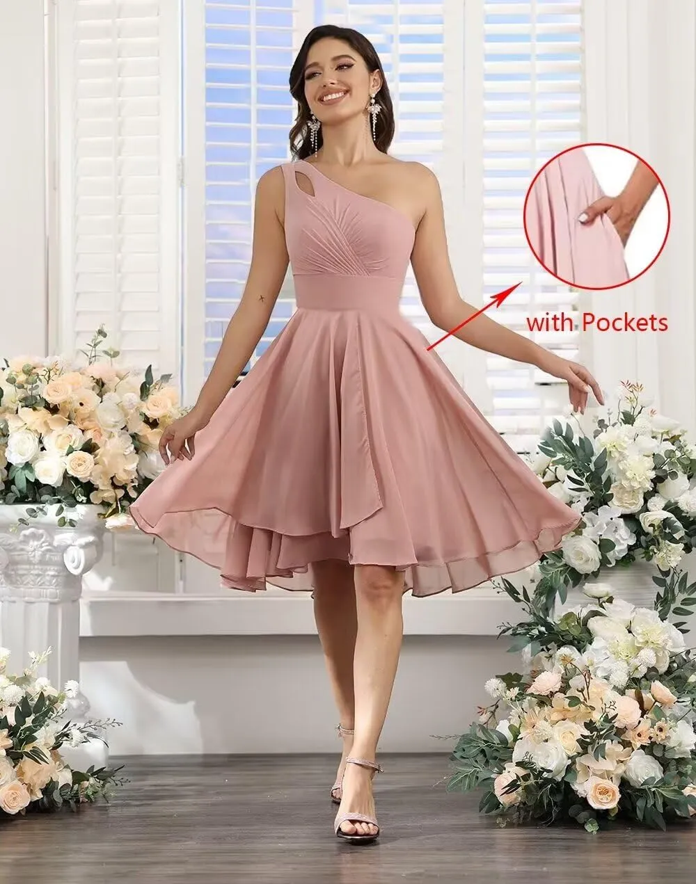 One Shoulder Short Bridesmaid Dresses for Wedding Chiffon A-line Formal Party Dress with Pockets