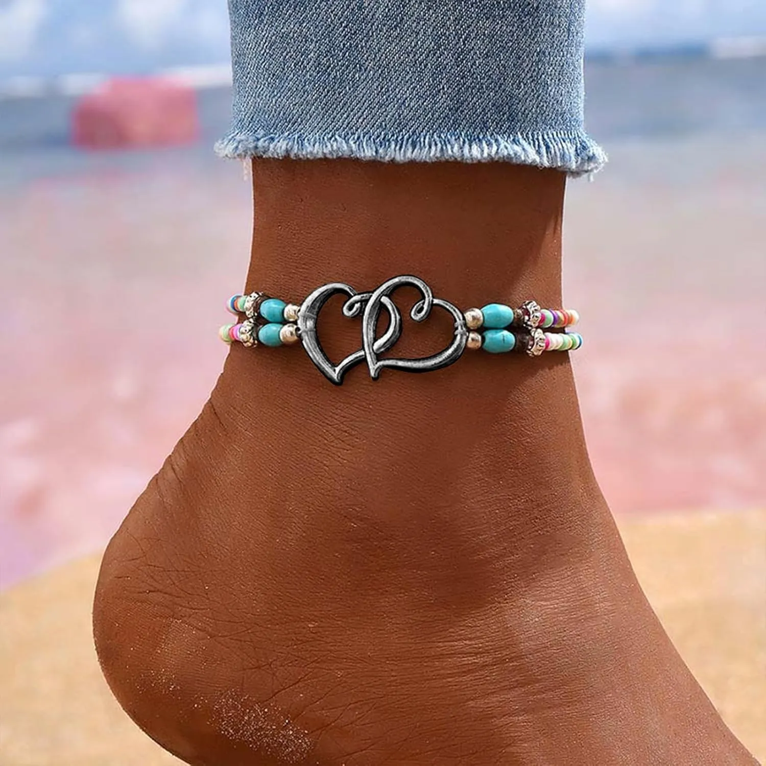 Otxas Beaded Anklets for Women Layered Stretchy Ankle Bracelets for Women Waterproof Cute Boho Beach Anklets for Women Double Heart Foot Jewelry for Women