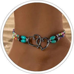 Otxas Beaded Anklets for Women Layered Stretchy Ankle Bracelets for Women Waterproof Cute Boho Beach Anklets for Women Double Heart Foot Jewelry for Women