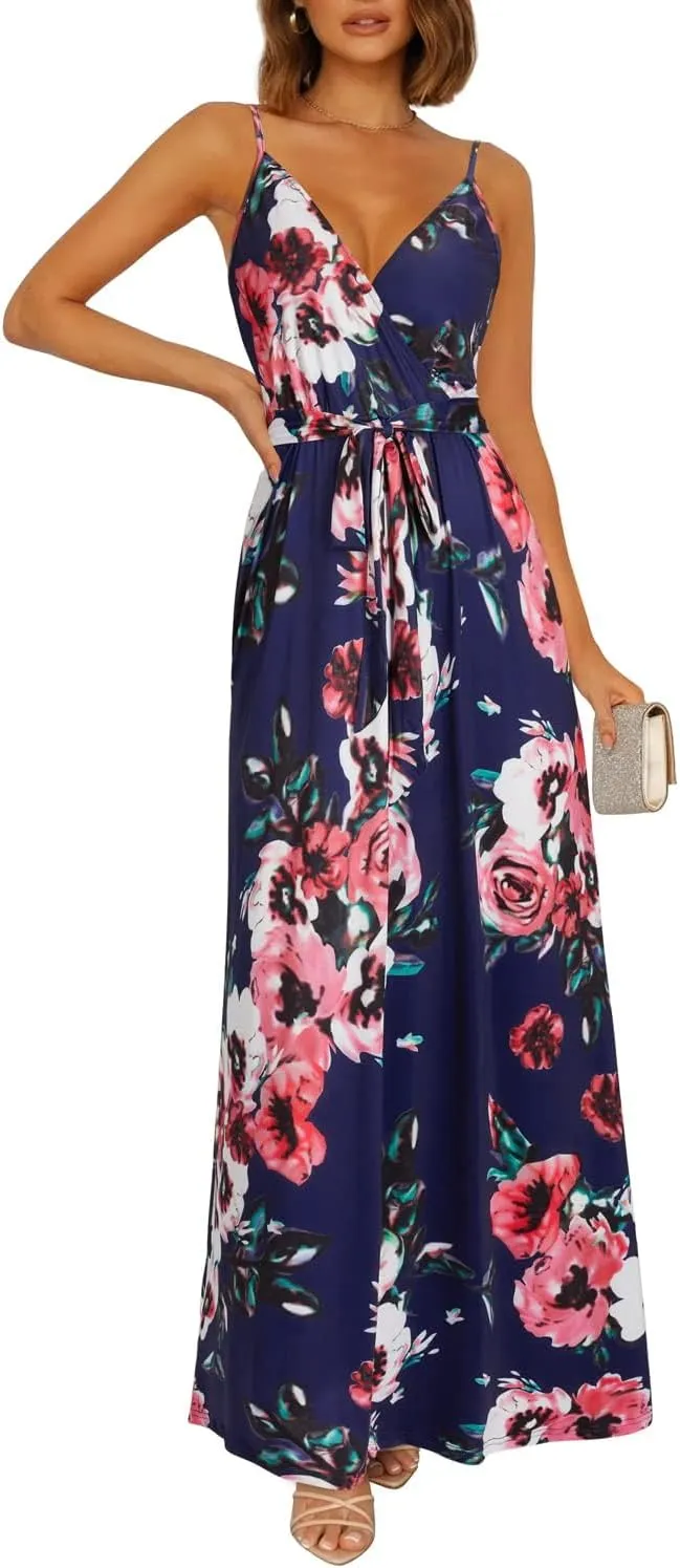 OUGES Womens Summer Maxi Dress V Neck Floral Adjustable Spaghetti Strap Beach Dresses with Pockets