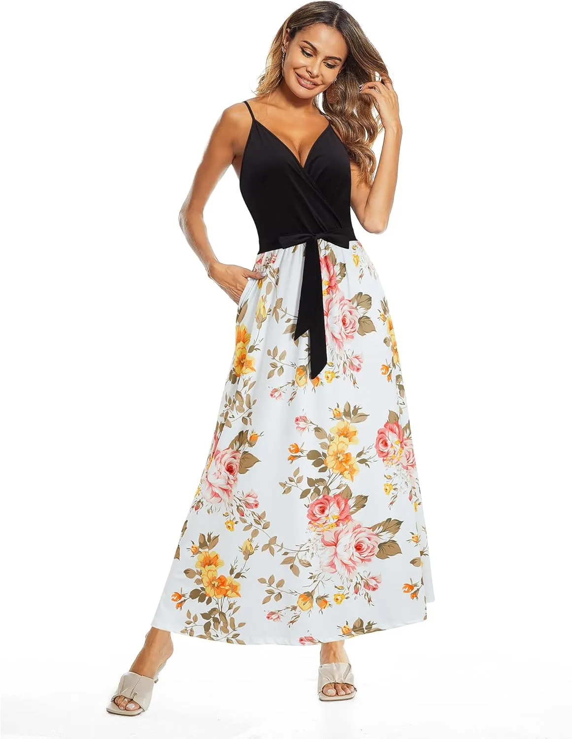 OUGES Womens Summer Maxi Dress V Neck Floral Adjustable Spaghetti Strap Beach Dresses with Pockets