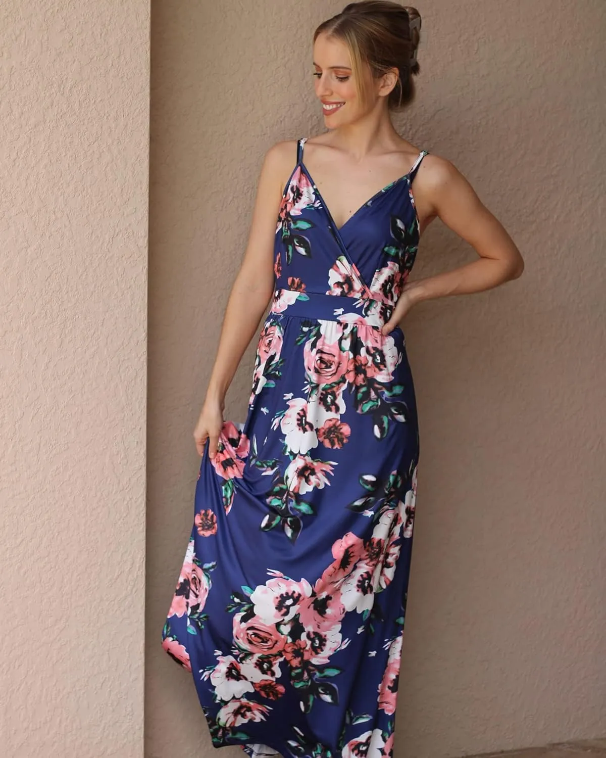 OUGES Womens Summer Maxi Dress V Neck Floral Adjustable Spaghetti Strap Beach Dresses with Pockets