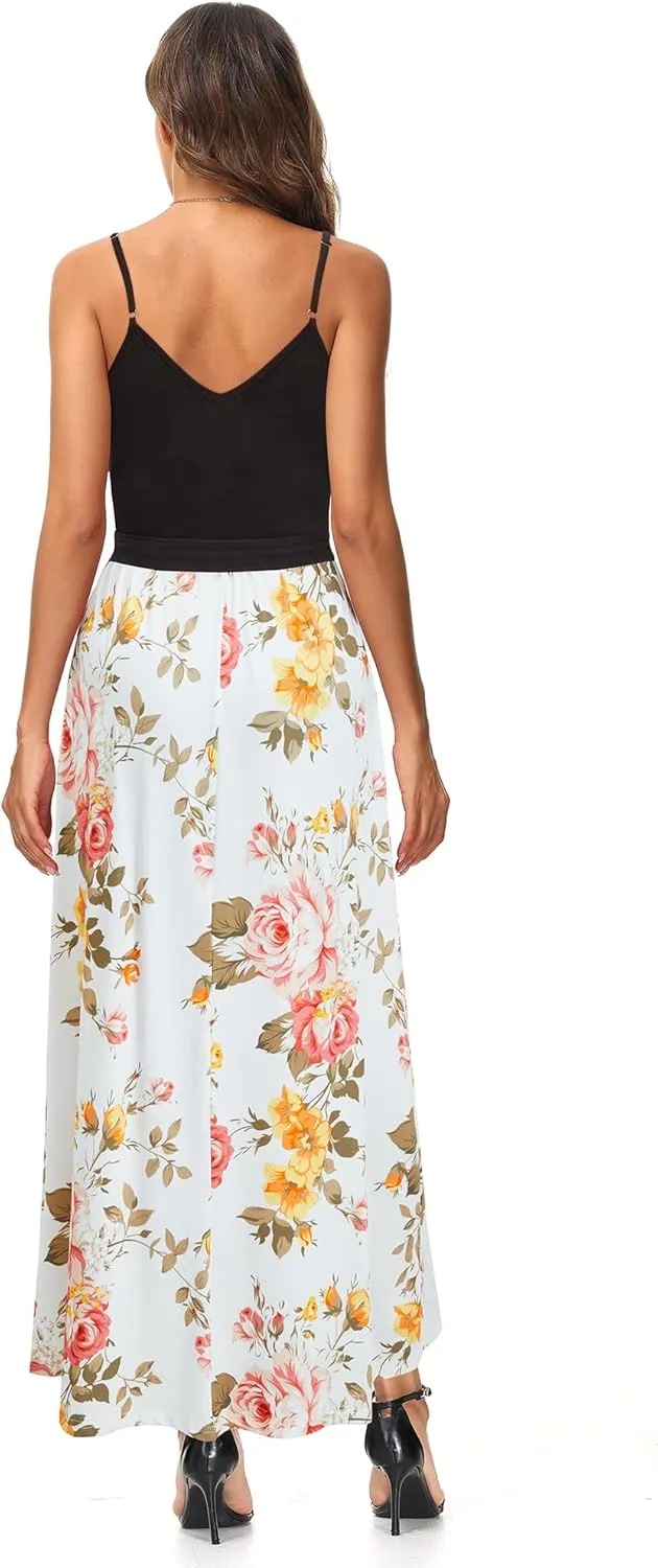 OUGES Womens Summer Maxi Dress V Neck Floral Adjustable Spaghetti Strap Beach Dresses with Pockets