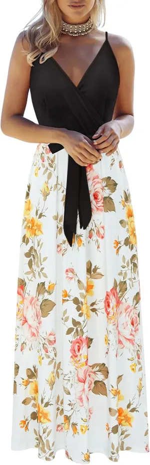 OUGES Womens Summer Maxi Dress V Neck Floral Adjustable Spaghetti Strap Beach Dresses with Pockets