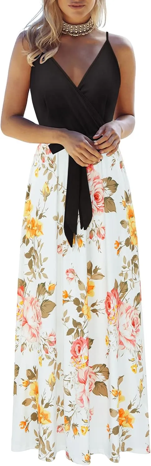 OUGES Womens Summer Maxi Dress V Neck Floral Adjustable Spaghetti Strap Beach Dresses with Pockets