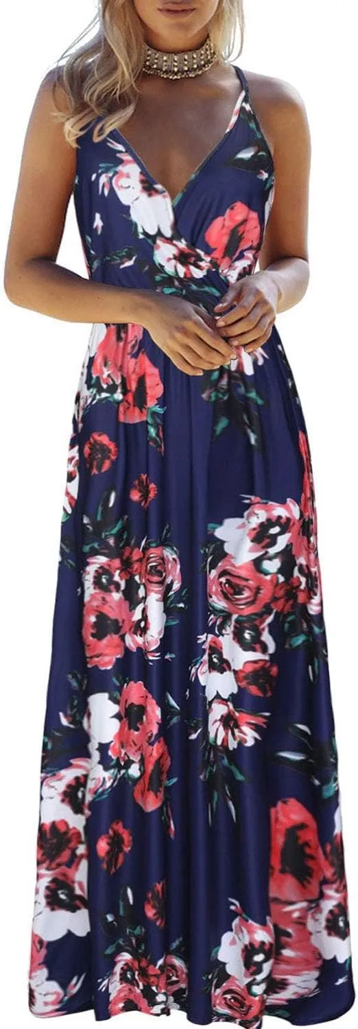 OUGES Womens Summer Maxi Dress V Neck Floral Adjustable Spaghetti Strap Beach Dresses with Pockets