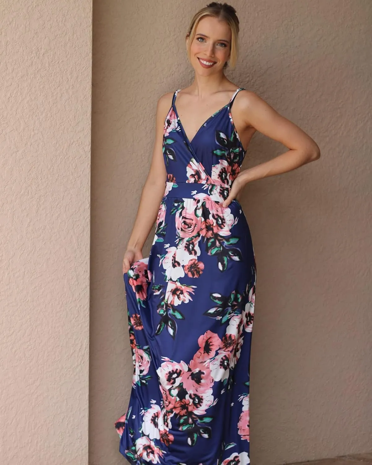 OUGES Womens Summer Maxi Dress V Neck Floral Adjustable Spaghetti Strap Beach Dresses with Pockets