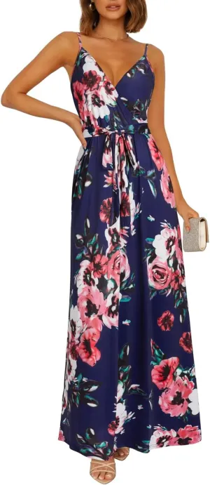 OUGES Womens Summer Maxi Dress V Neck Floral Adjustable Spaghetti Strap Beach Dresses with Pockets