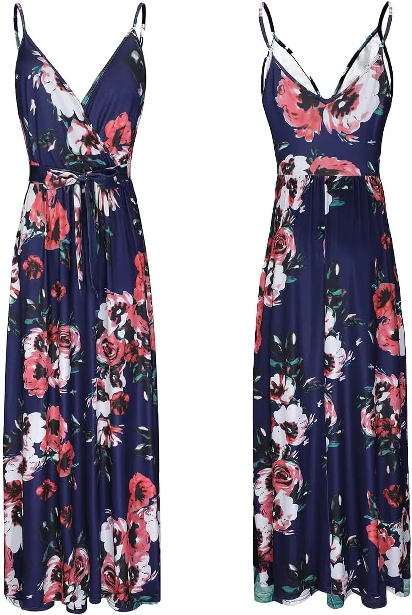 OUGES Womens Summer Maxi Dress V Neck Floral Adjustable Spaghetti Strap Beach Dresses with Pockets