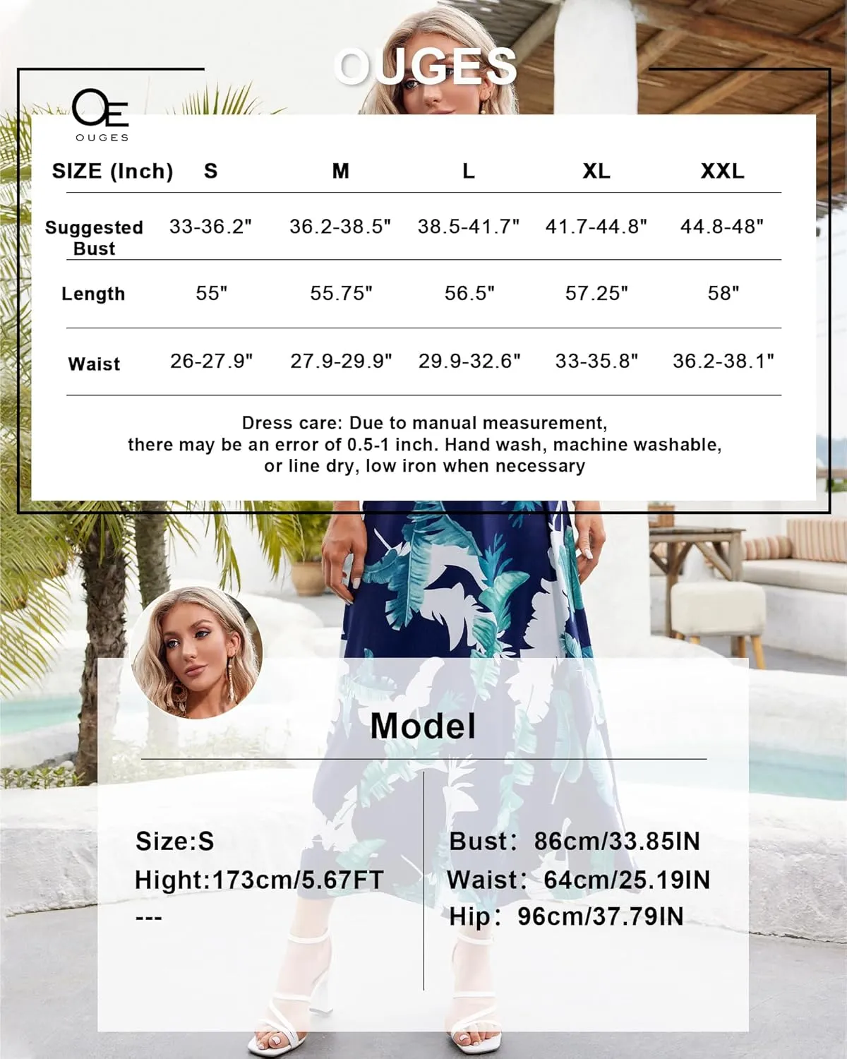 OUGES Womens Summer Maxi Dress V Neck Floral Adjustable Spaghetti Strap Beach Dresses with Pockets
