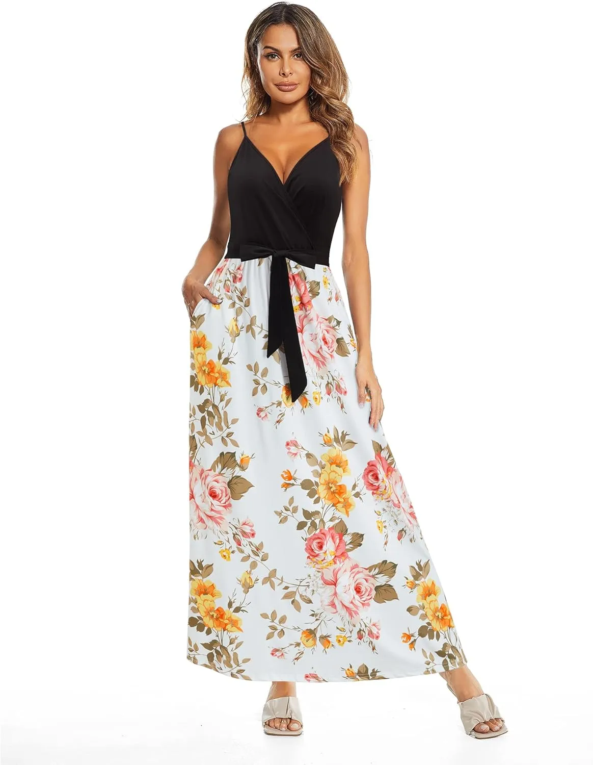 OUGES Womens Summer Maxi Dress V Neck Floral Adjustable Spaghetti Strap Beach Dresses with Pockets