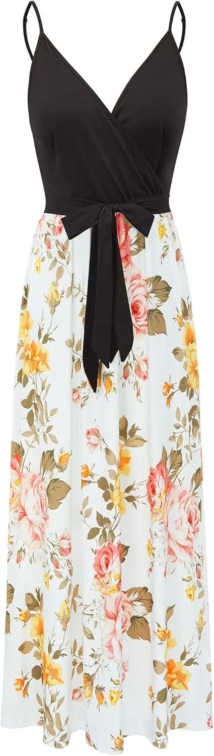 OUGES Womens Summer Maxi Dress V Neck Floral Adjustable Spaghetti Strap Beach Dresses with Pockets