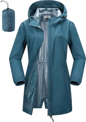 Outdoor Ventures Women's Waterproof Long Rain Coats Packable Lightweight Rain Jacket With Hood Windproof Trench Coats