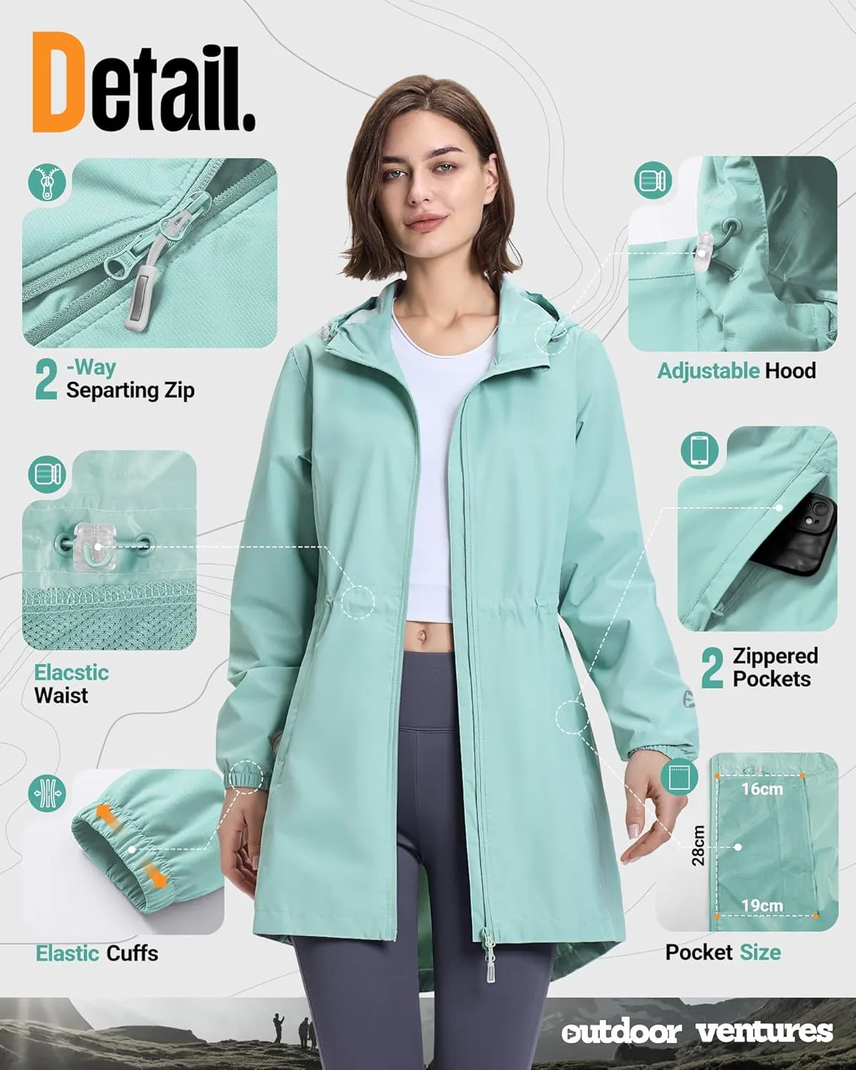 Outdoor Ventures Women's Waterproof Long Rain Coats Packable Lightweight Rain Jacket With Hood Windproof Trench Coats