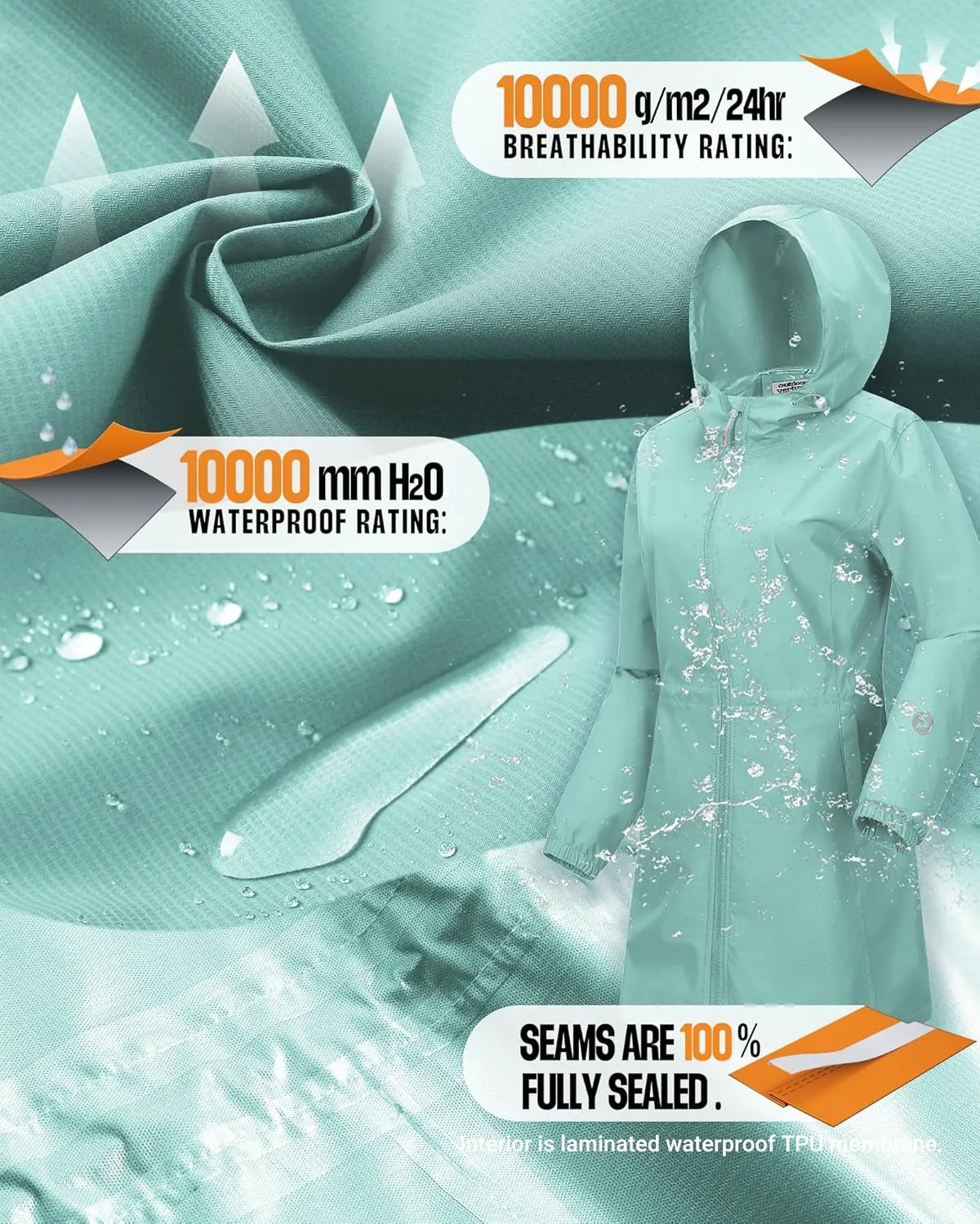 Outdoor Ventures Women's Waterproof Long Rain Coats Packable Lightweight Rain Jacket With Hood Windproof Trench Coats