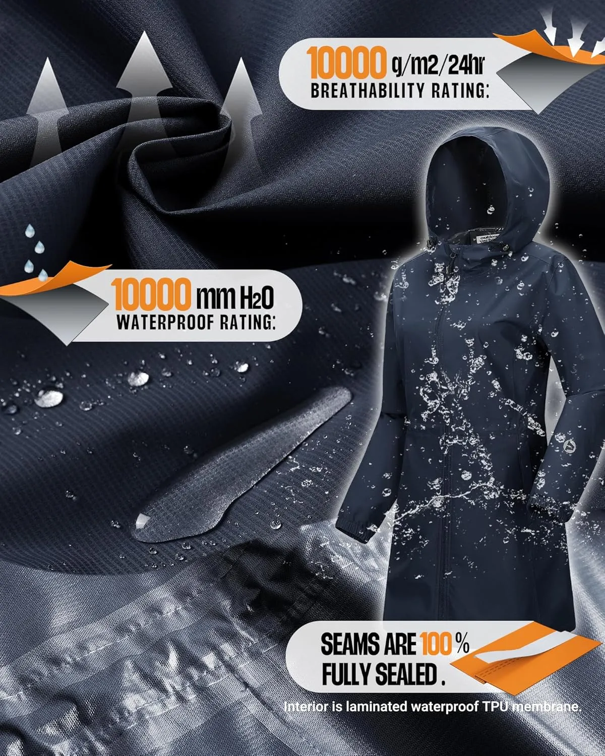 Outdoor Ventures Women's Waterproof Long Rain Coats Packable Lightweight Rain Jacket With Hood Windproof Trench Coats