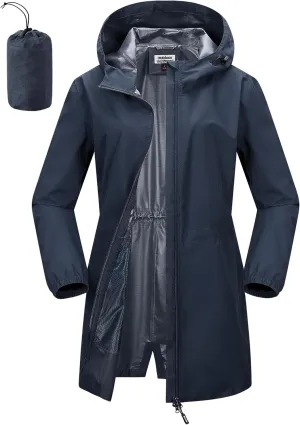 Outdoor Ventures Women's Waterproof Long Rain Coats Packable Lightweight Rain Jacket With Hood Windproof Trench Coats