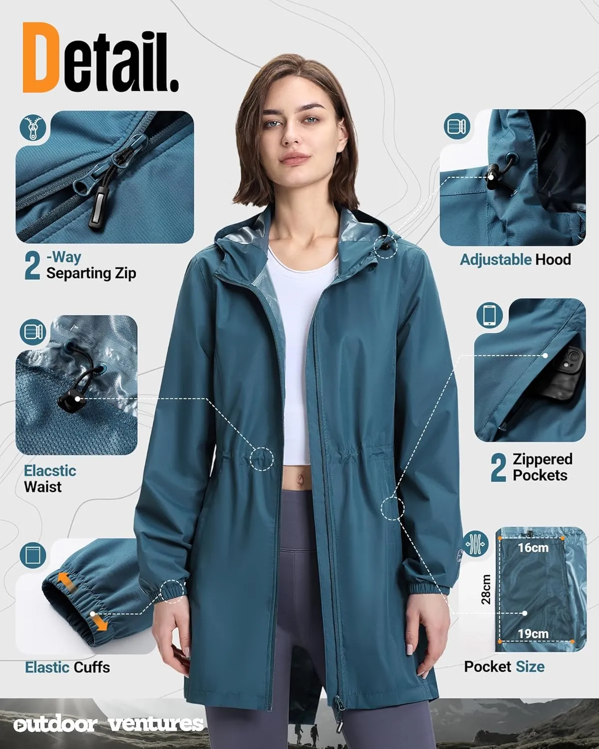 Outdoor Ventures Women's Waterproof Long Rain Coats Packable Lightweight Rain Jacket With Hood Windproof Trench Coats