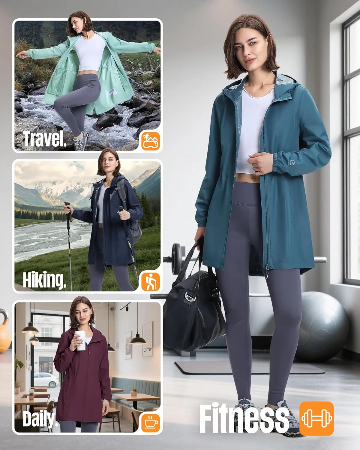 Outdoor Ventures Women's Waterproof Long Rain Coats Packable Lightweight Rain Jacket With Hood Windproof Trench Coats