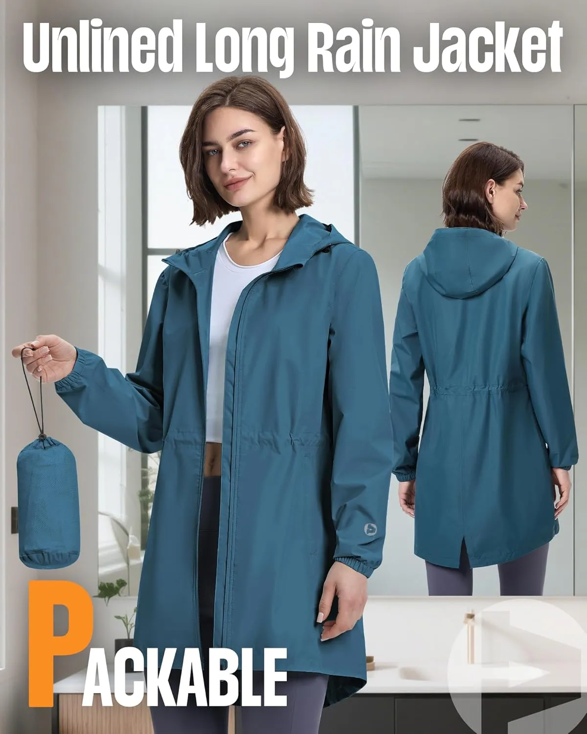 Outdoor Ventures Women's Waterproof Long Rain Coats Packable Lightweight Rain Jacket With Hood Windproof Trench Coats