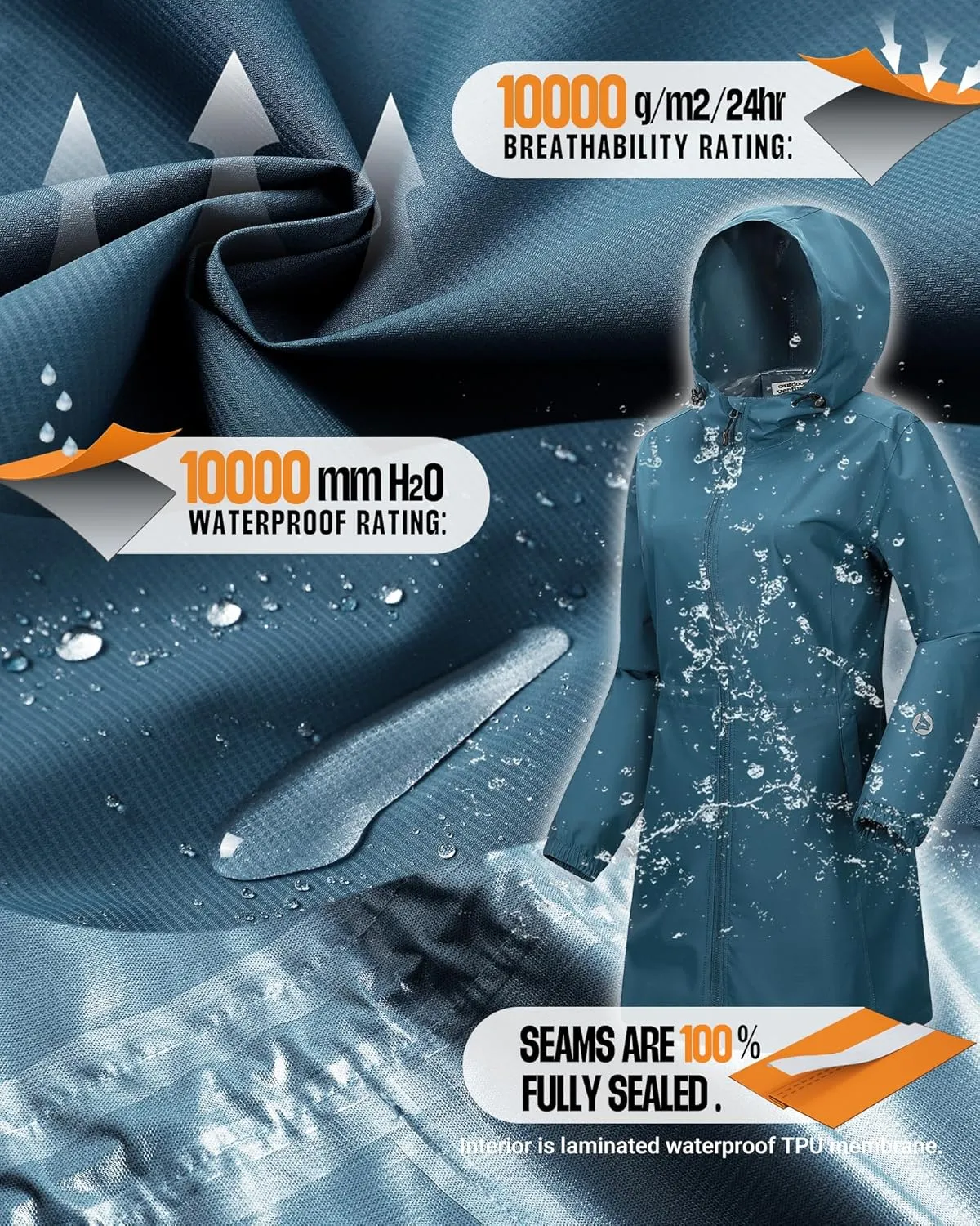 Outdoor Ventures Women's Waterproof Long Rain Coats Packable Lightweight Rain Jacket With Hood Windproof Trench Coats