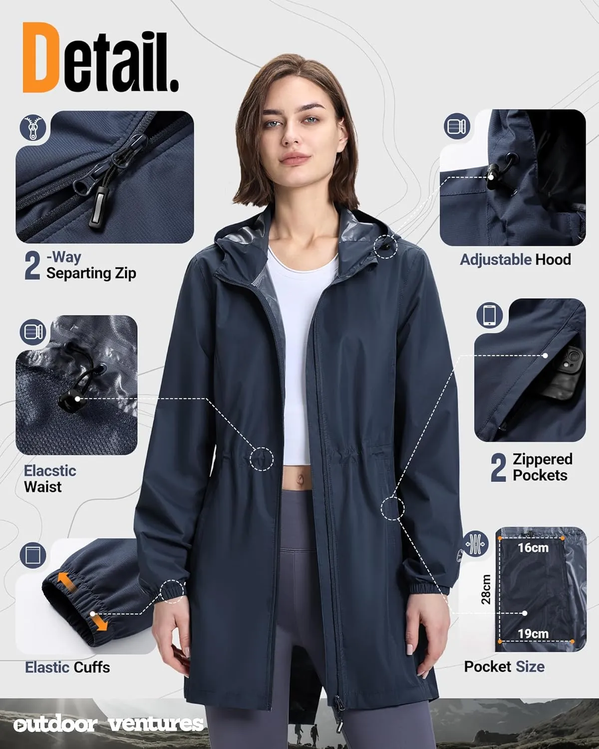 Outdoor Ventures Women's Waterproof Long Rain Coats Packable Lightweight Rain Jacket With Hood Windproof Trench Coats