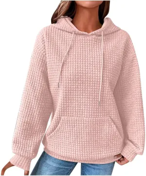 Oversized Hoodies for Women Athleisure Quilted Drawstring Crewneck Sweatshirts Fall Knit Pullover Sweaters with Pocket