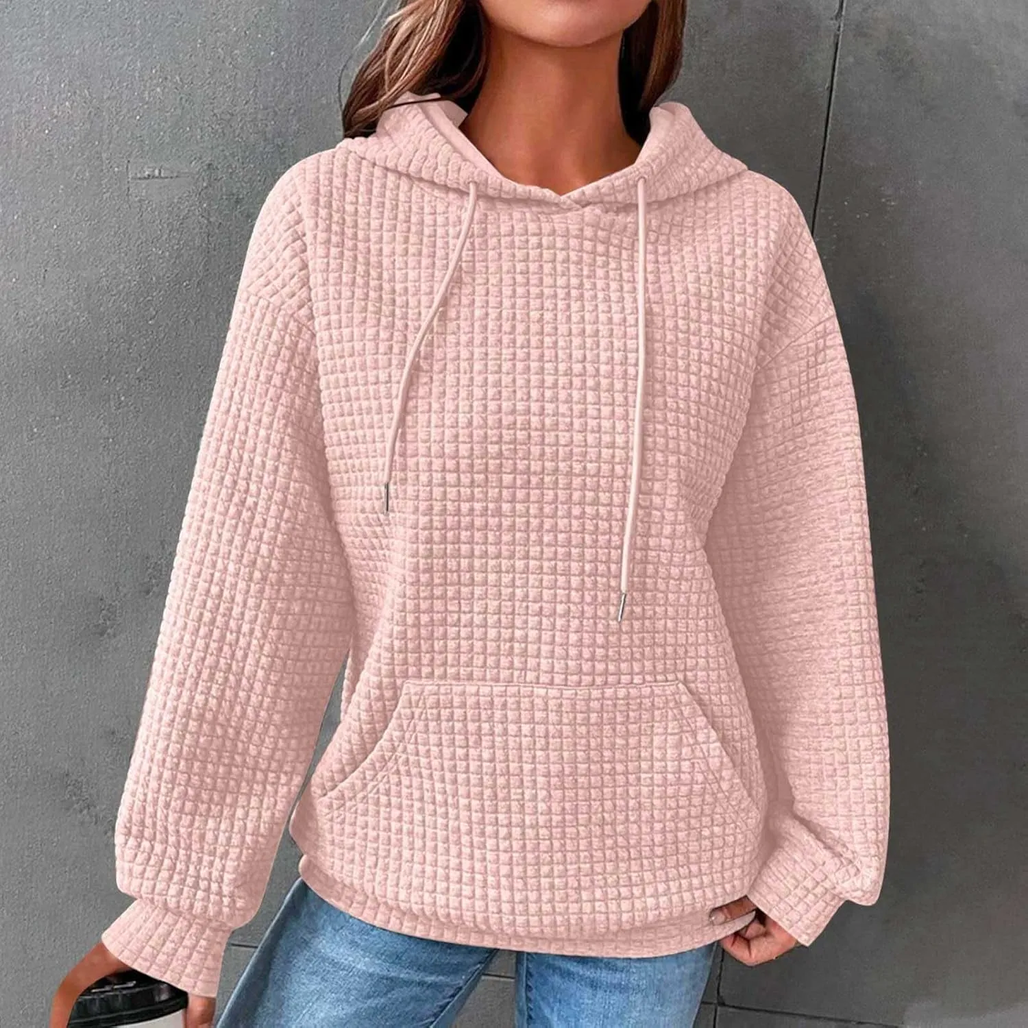Oversized Hoodies for Women Athleisure Quilted Drawstring Crewneck Sweatshirts Fall Knit Pullover Sweaters with Pocket