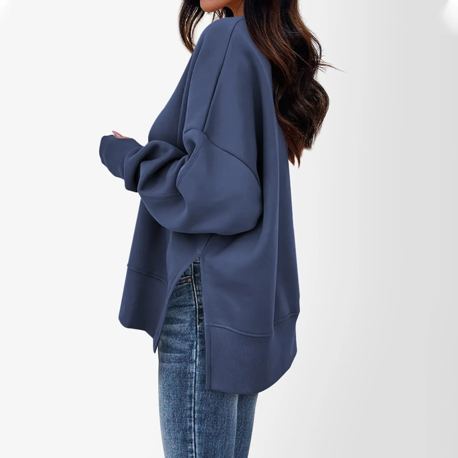 Oversized Sweatshirts Women Casual Loose Fit Crewneck Thumb Hole Sweatshirts High Low Split Hem Trendy Hoodies
