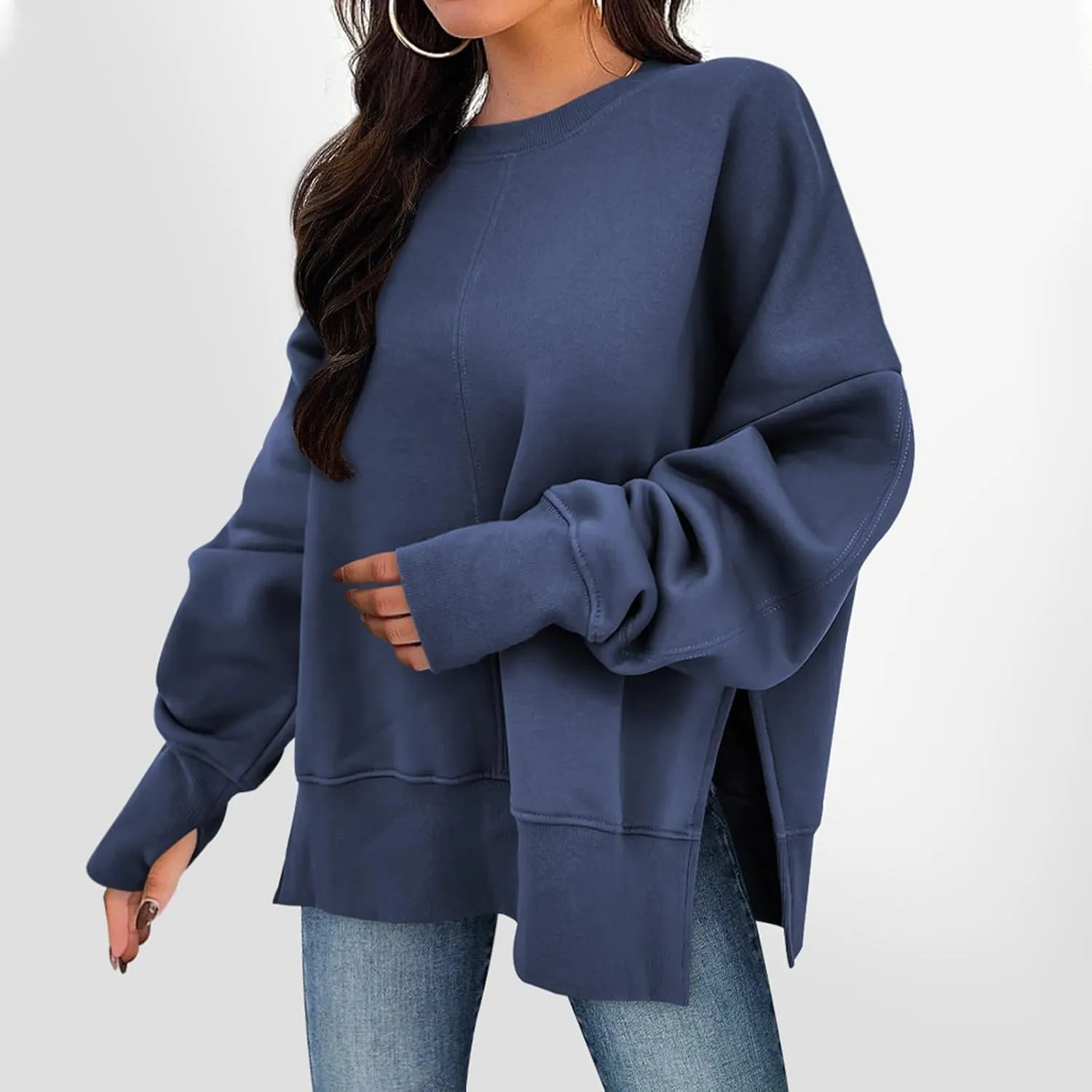 Oversized Sweatshirts Women Casual Loose Fit Crewneck Thumb Hole Sweatshirts High Low Split Hem Trendy Hoodies