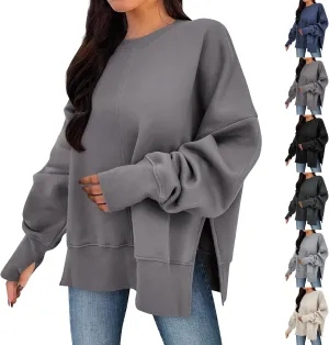 Oversized Sweatshirts Women Casual Loose Fit Crewneck Thumb Hole Sweatshirts High Low Split Hem Trendy Hoodies