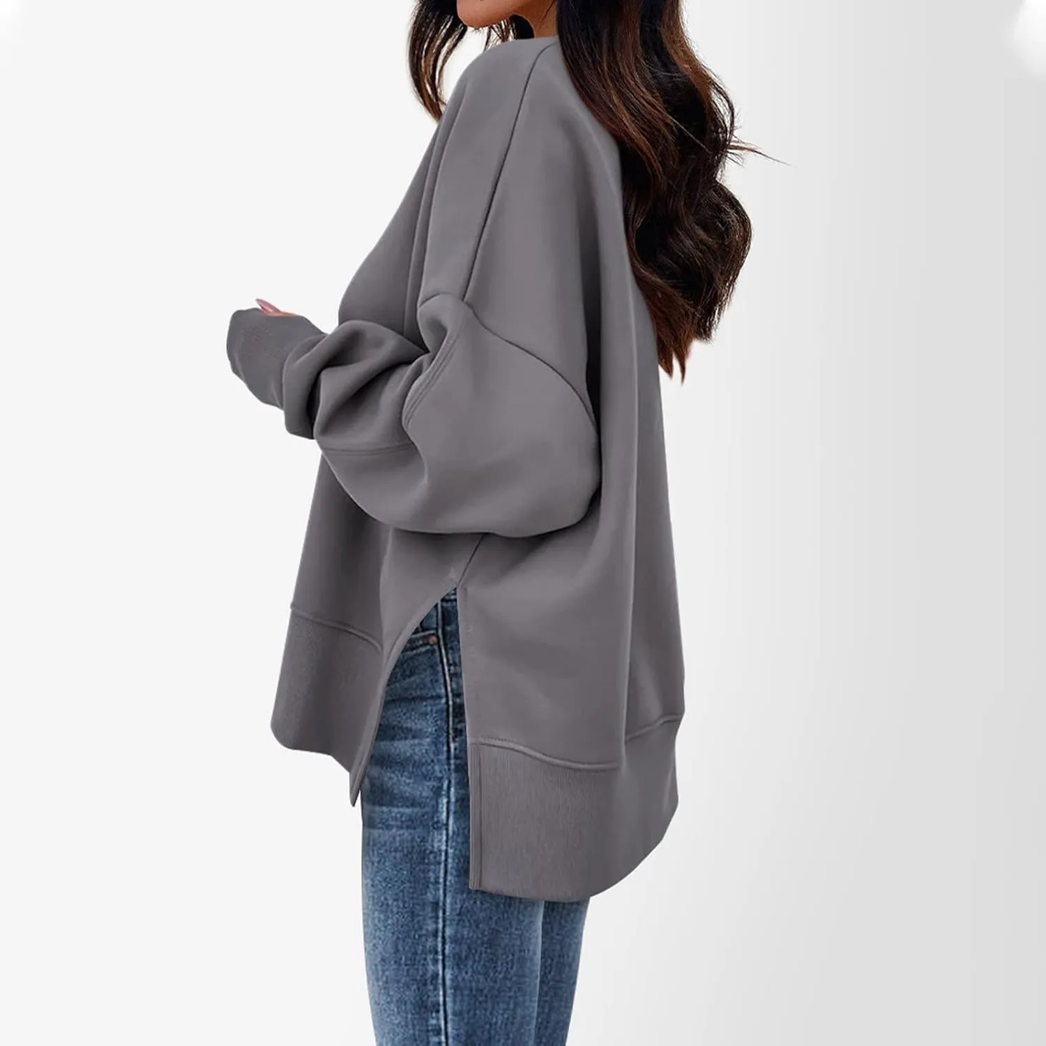 Oversized Sweatshirts Women Casual Loose Fit Crewneck Thumb Hole Sweatshirts High Low Split Hem Trendy Hoodies