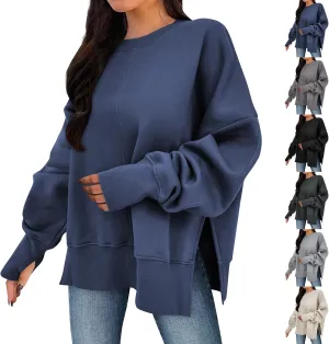 Oversized Sweatshirts Women Casual Loose Fit Crewneck Thumb Hole Sweatshirts High Low Split Hem Trendy Hoodies