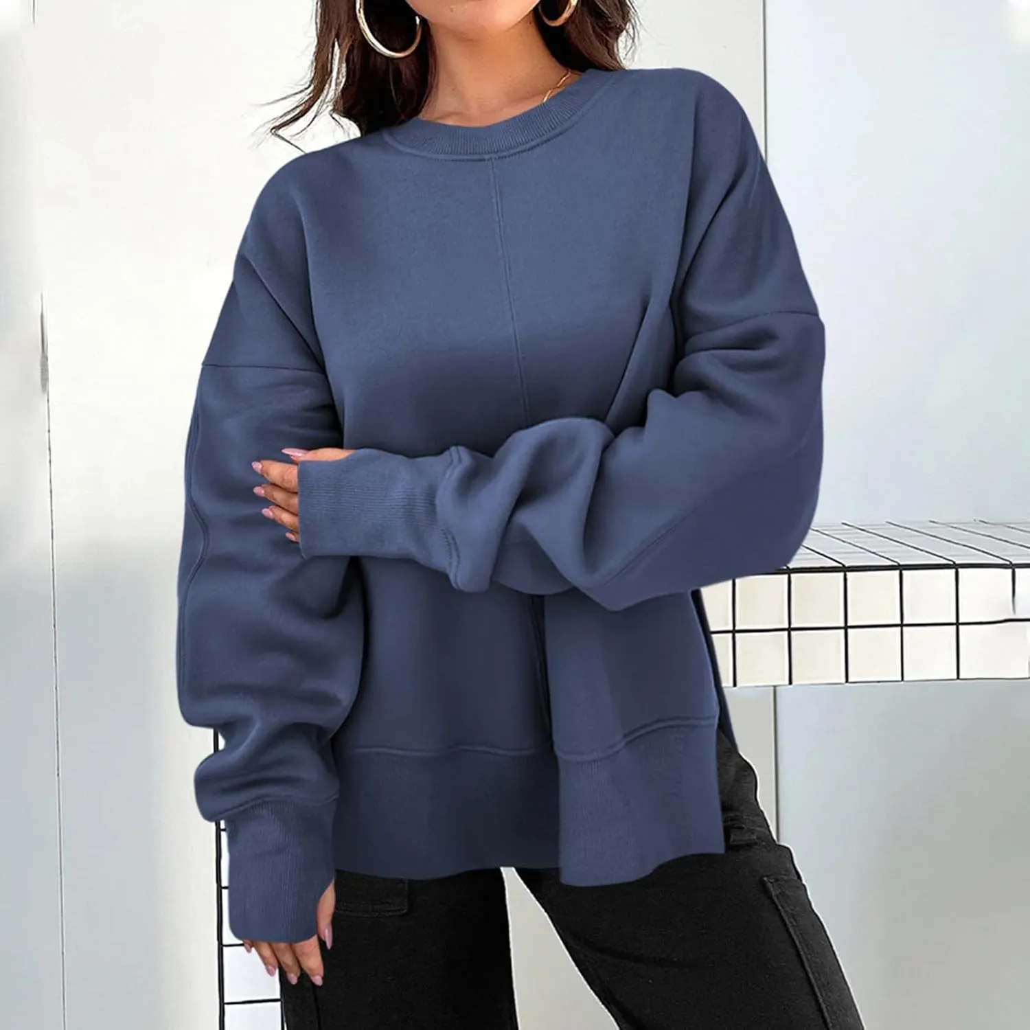 Oversized Sweatshirts Women Casual Loose Fit Crewneck Thumb Hole Sweatshirts High Low Split Hem Trendy Hoodies