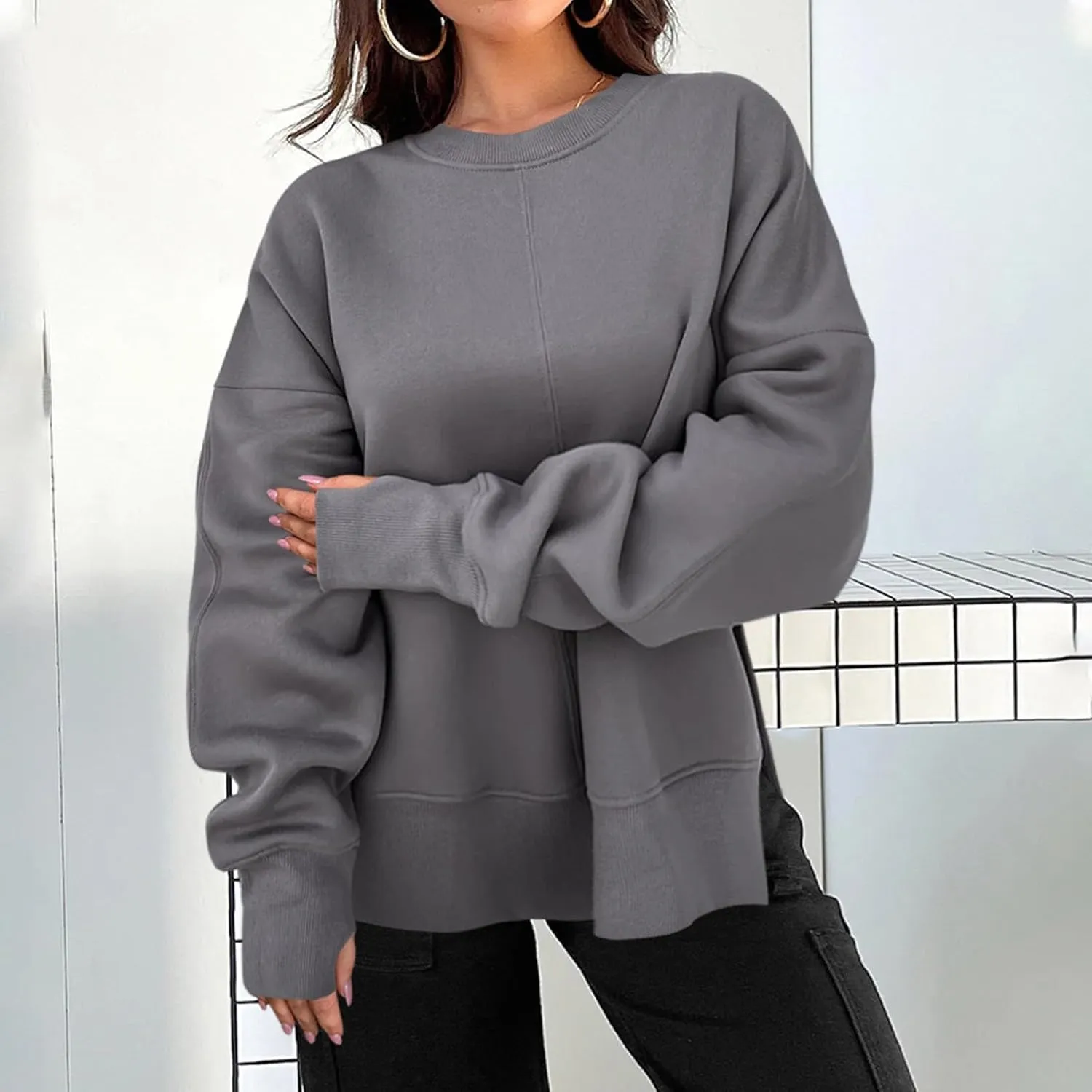 Oversized Sweatshirts Women Casual Loose Fit Crewneck Thumb Hole Sweatshirts High Low Split Hem Trendy Hoodies