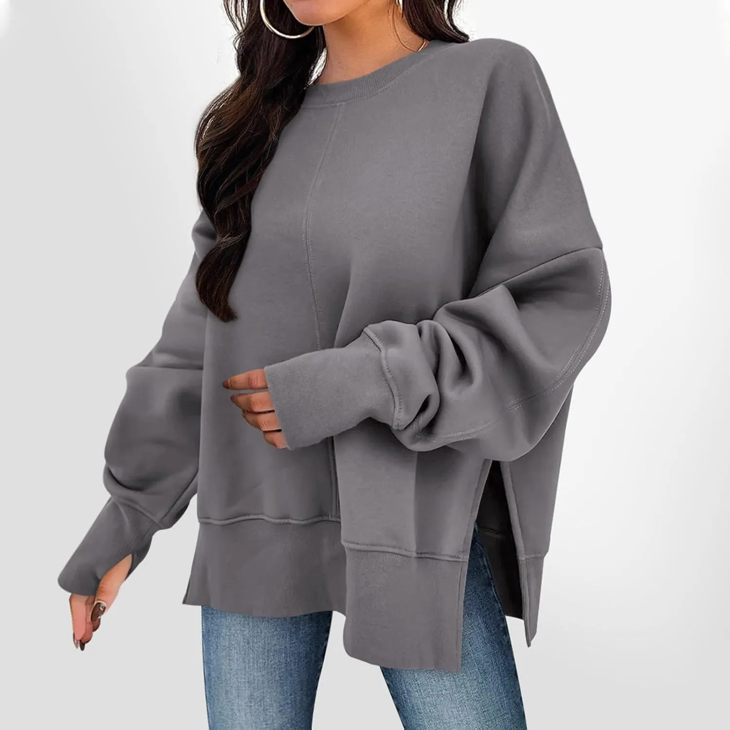 Oversized Sweatshirts Women Casual Loose Fit Crewneck Thumb Hole Sweatshirts High Low Split Hem Trendy Hoodies