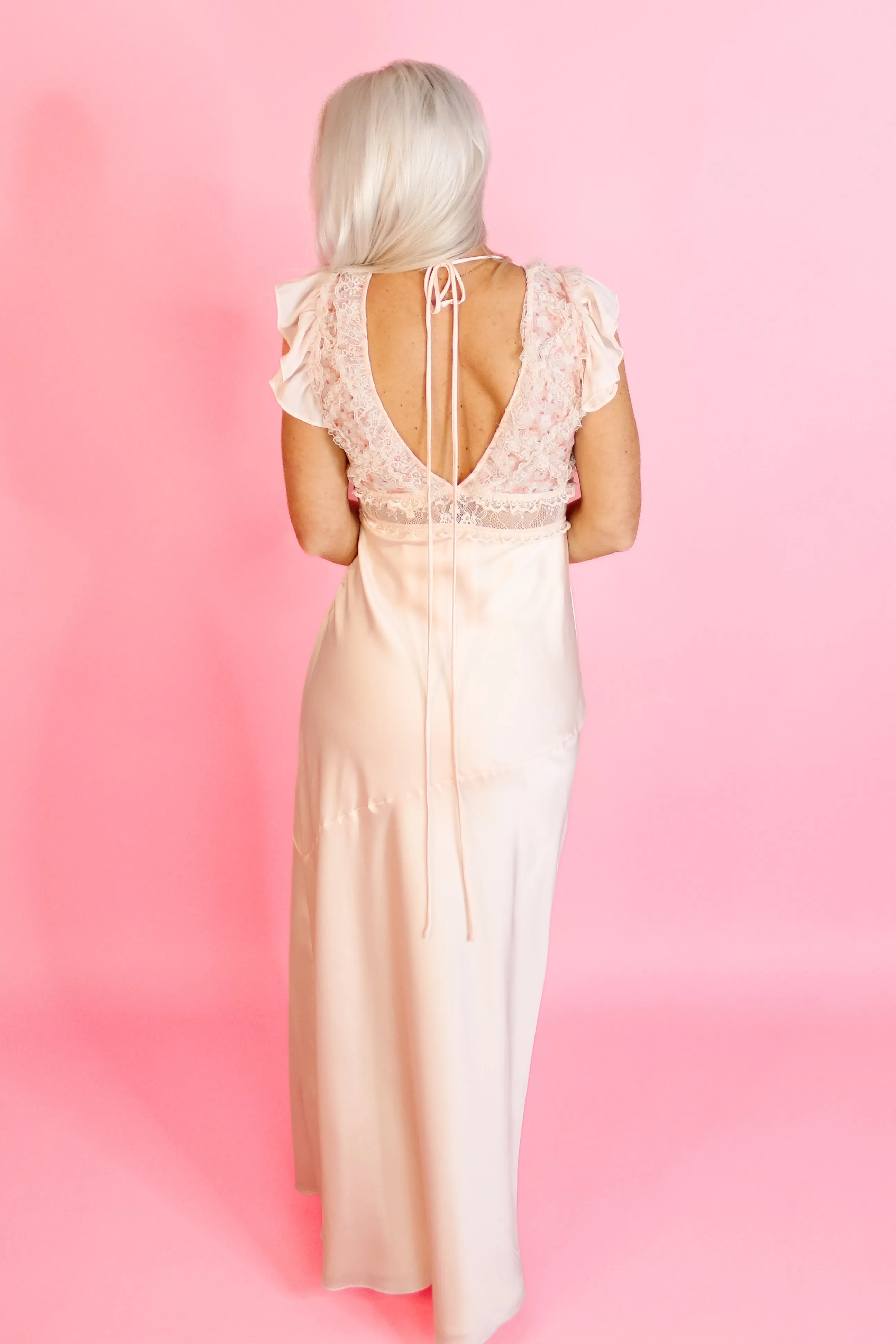 Peach Satin Maxi Dress With Rose Detail