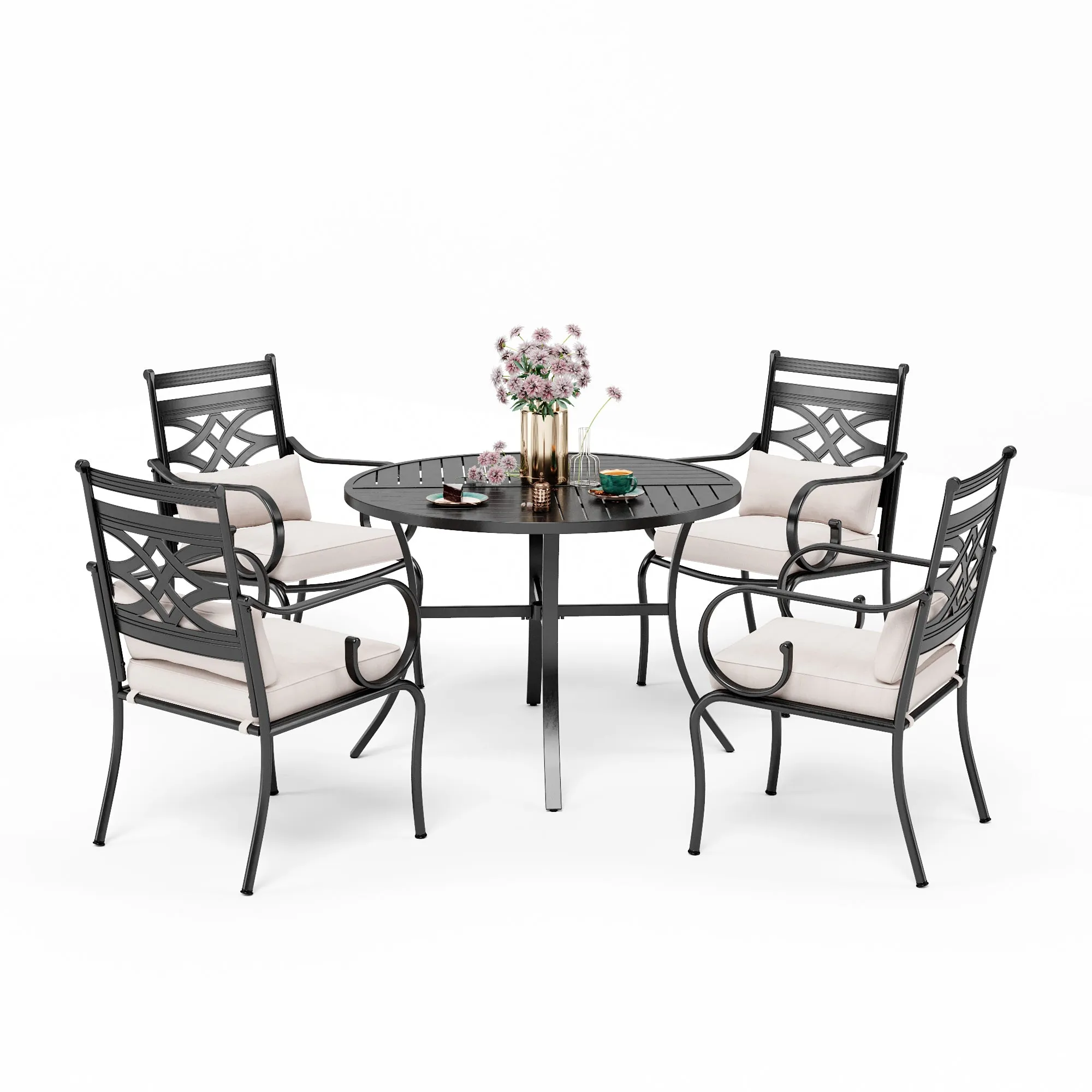 PHI VILLA 5-Piece Patio Dining Set 4 Fixed Steel Chairs and Dining Table
