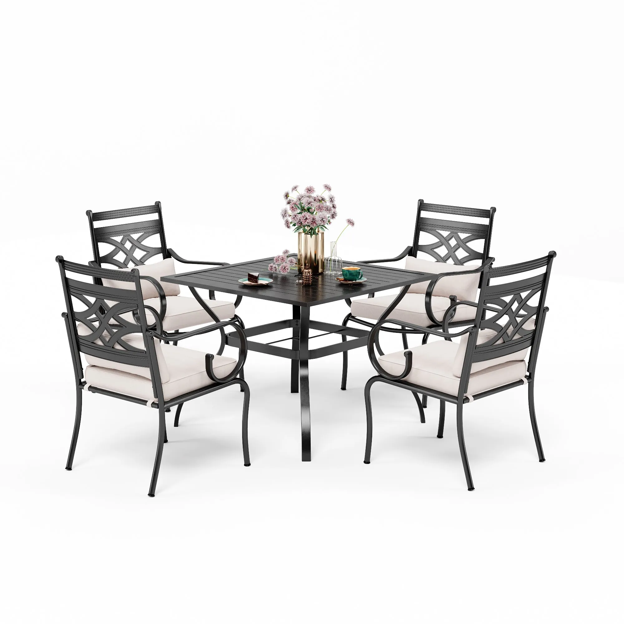 PHI VILLA 5-Piece Patio Dining Set 4 Fixed Steel Chairs and Dining Table