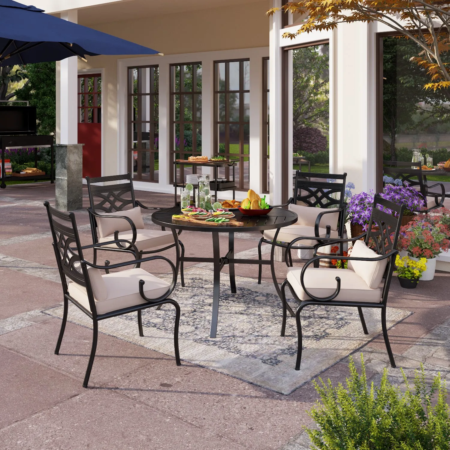 PHI VILLA 5-Piece Patio Dining Set 4 Fixed Steel Chairs and Dining Table