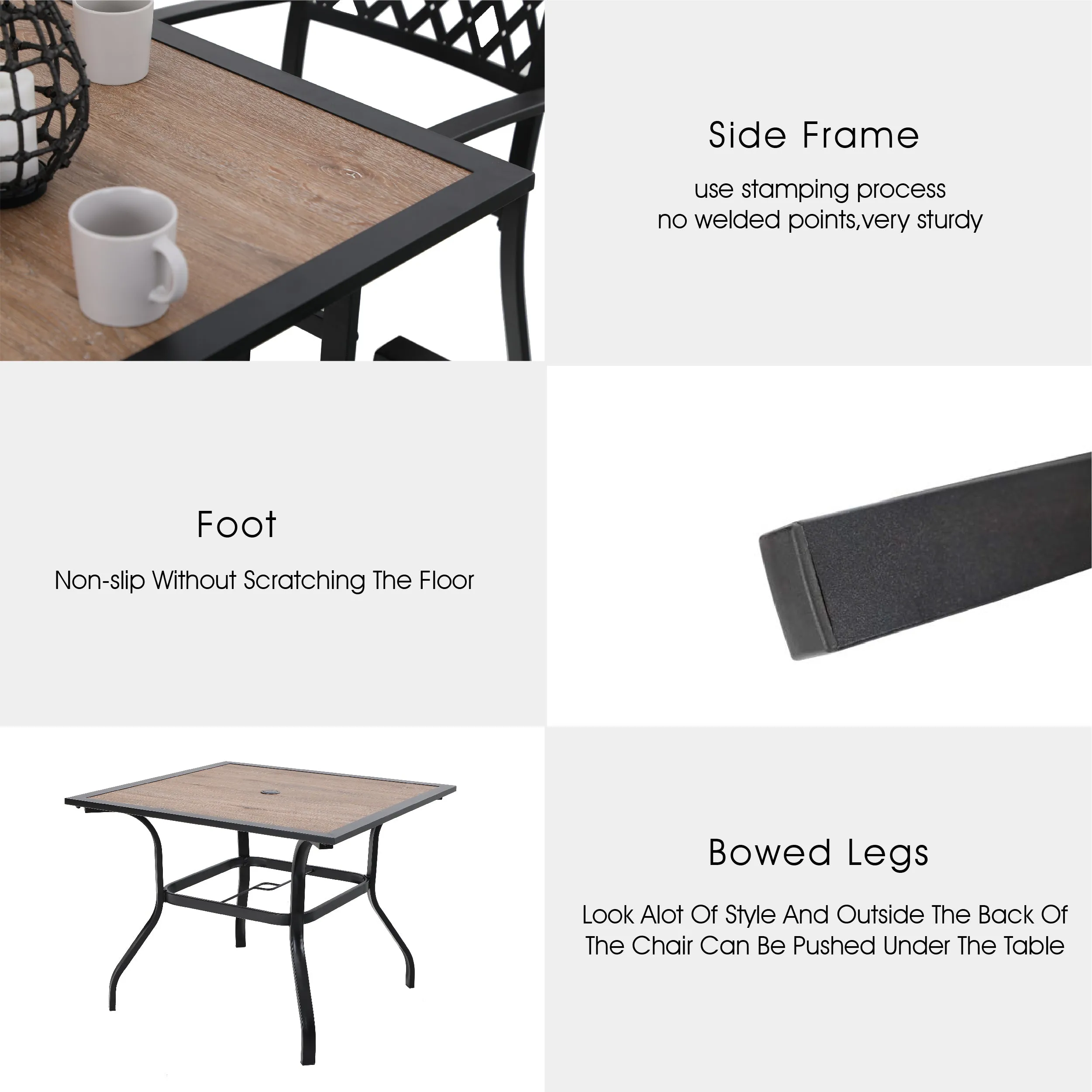 PHI VILLA 5-Piece Patio Dining Set 4 Fixed Steel Chairs and Dining Table