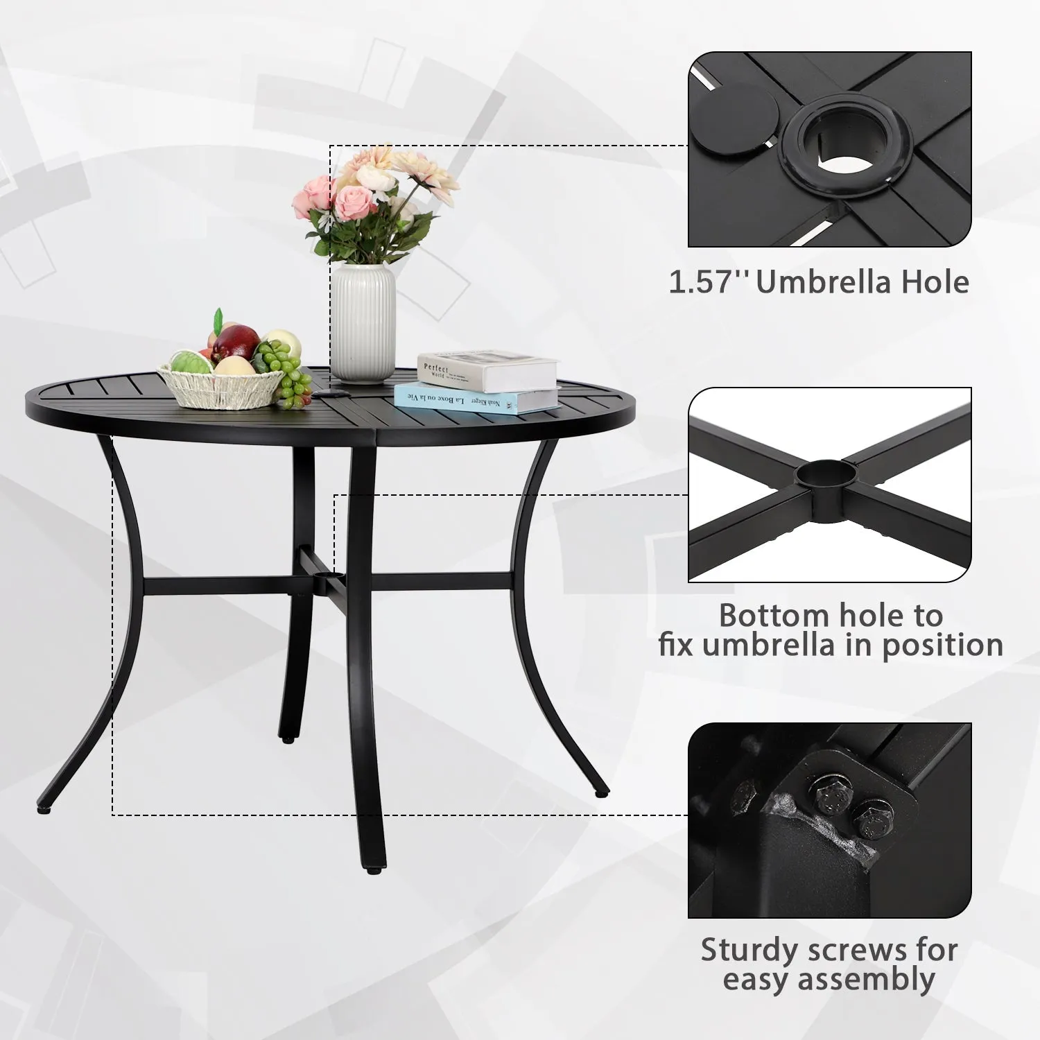 PHI VILLA 5-Piece Patio Dining Set 4 Fixed Steel Chairs and Dining Table
