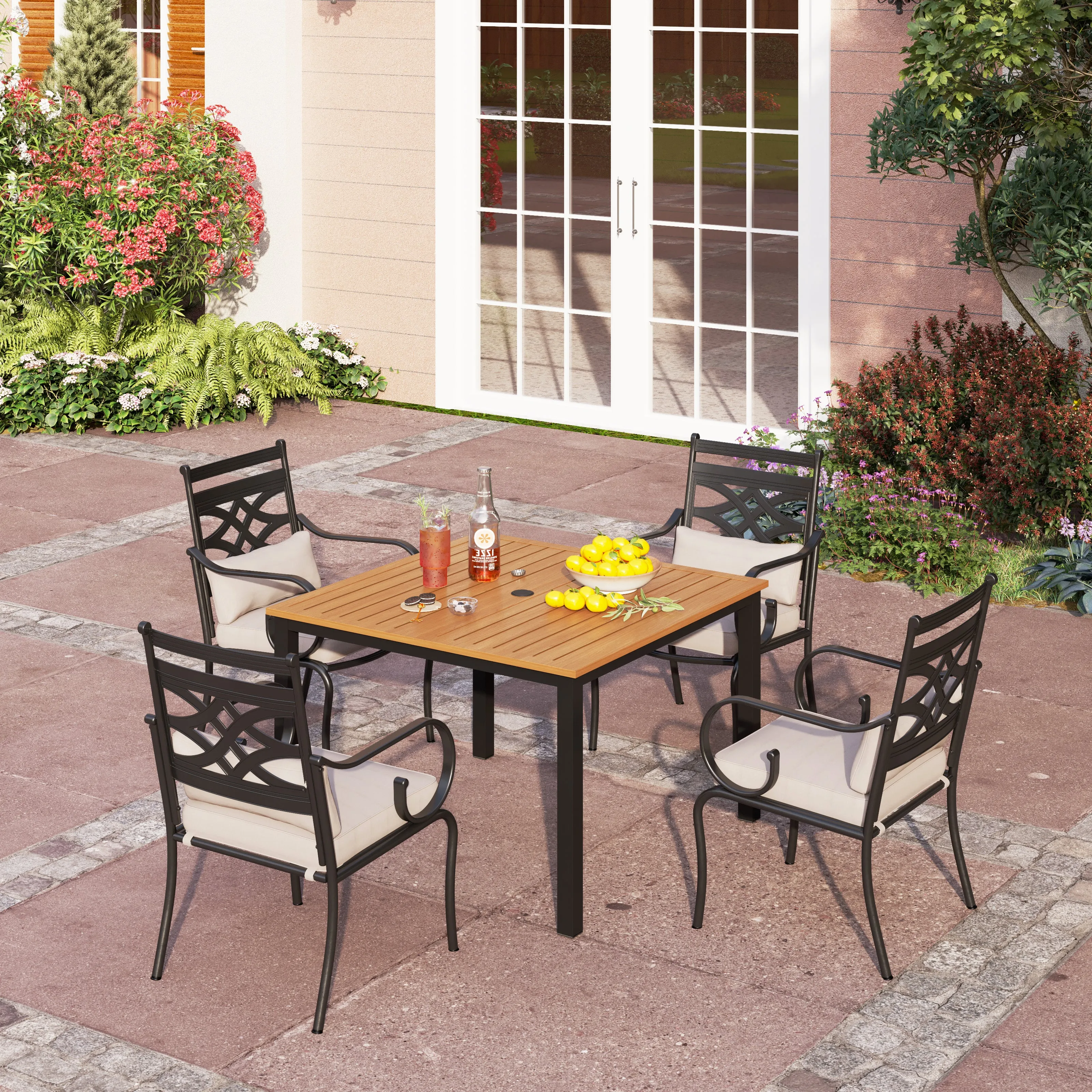 PHI VILLA 5-Piece Patio Dining Set 4 Fixed Steel Chairs and Dining Table