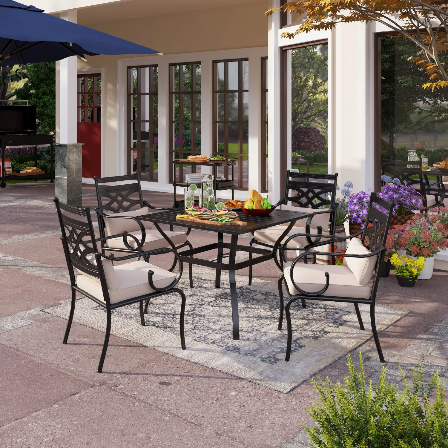 PHI VILLA 5-Piece Patio Dining Set 4 Fixed Steel Chairs and Dining Table